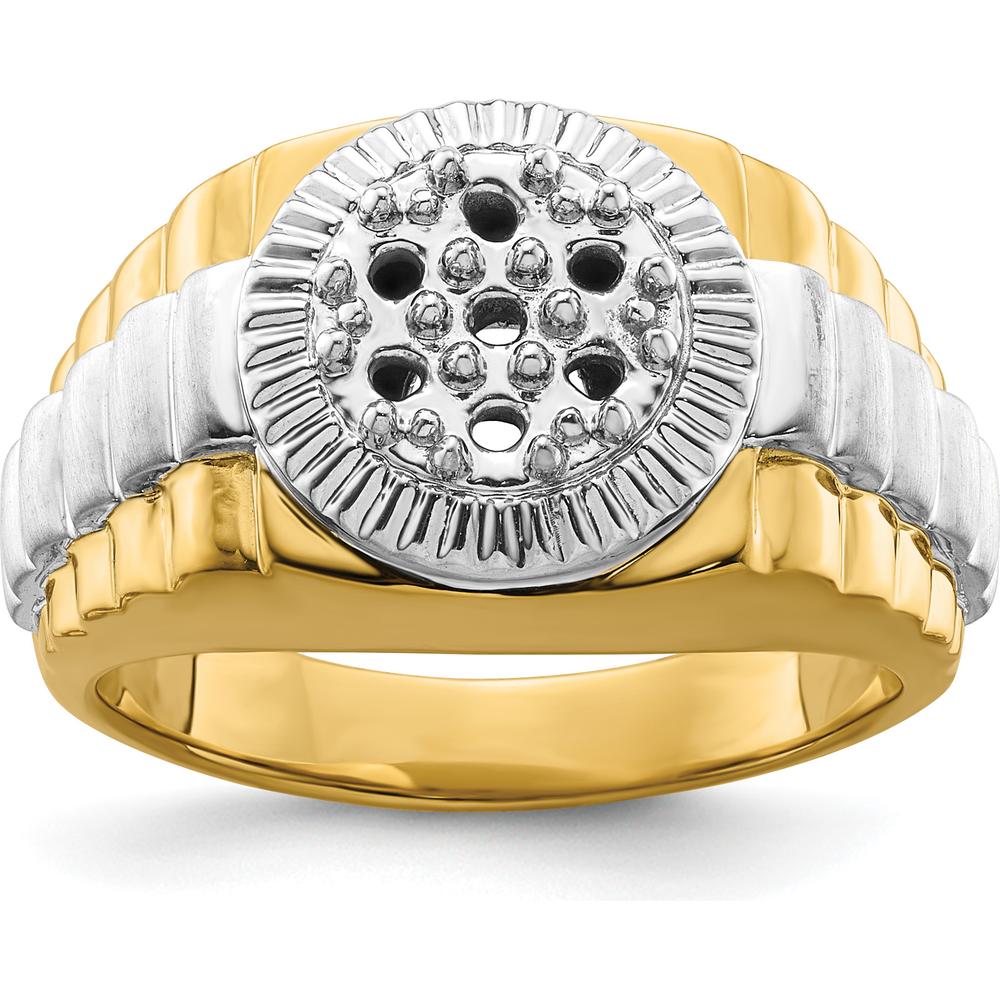 14K Two-Tone Men's Ring with Fancy Ridged Sides and Customizable Round Stone Mountings - 0.07 Carat Total Stone Weight by 0