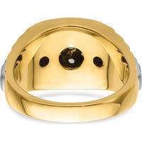 14K Two-Tone Men's Ring with Fancy Ridged Sides and Customizable Round Stone Mountings - 0.07 Carat Total Stone Weight by 0