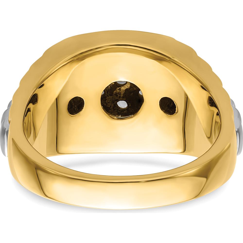 14K Two-Tone Men's Ring with Fancy Ridged Sides and Customizable Round Stone Mountings - 0.07 Carat Total Stone Weight by 0