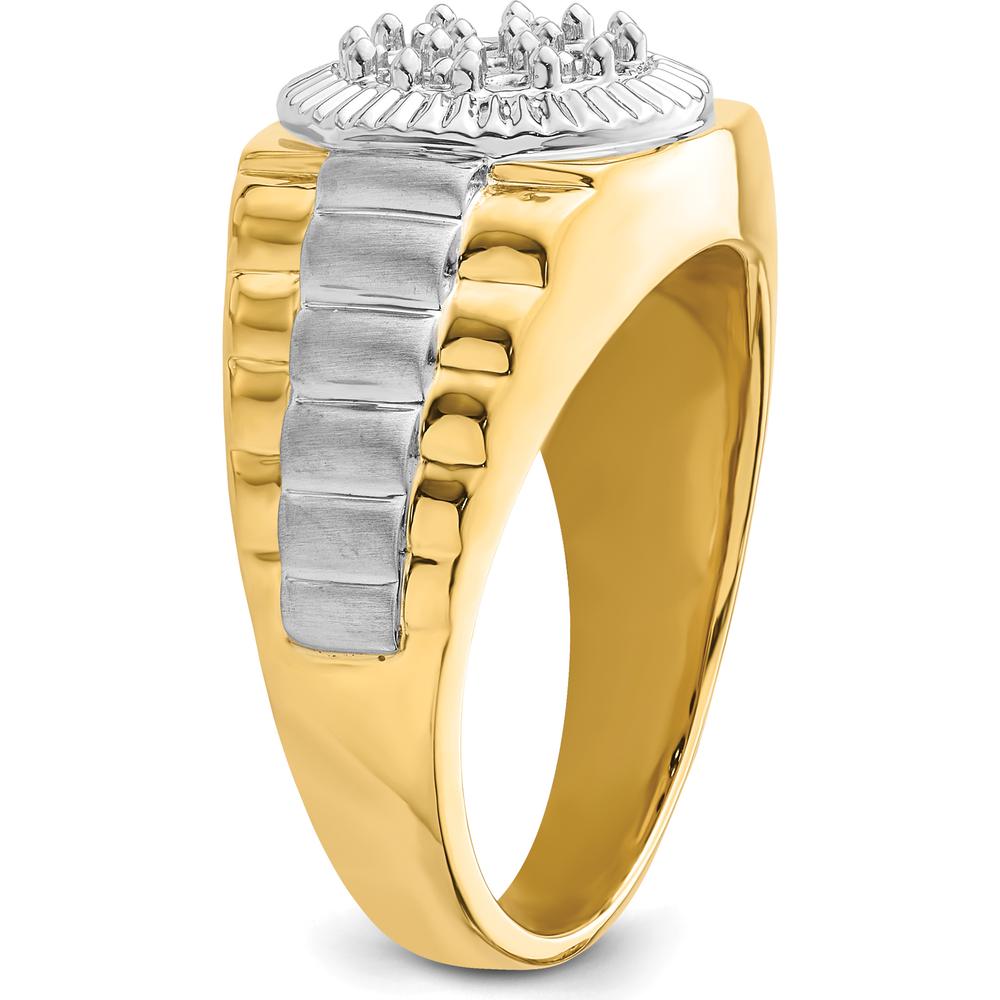 14K Two-Tone Men's Ring with Fancy Ridged Sides and Customizable Round Stone Mountings - 0.07 Carat Total Stone Weight by 0