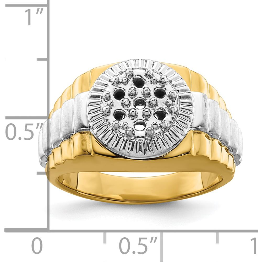 14K Two-Tone Men's Ring with Fancy Ridged Sides and Customizable Round Stone Mountings - 0.07 Carat Total Stone Weight by 0