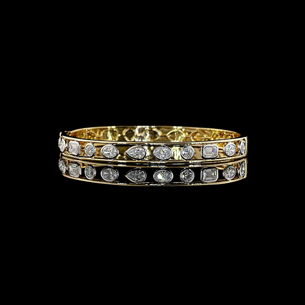 14K Two Tone Mixed Shape Bangle Bracelet with Bezel Set Oval, Emerald, Pear, and Round Lab Diamonds - 2.64 Carat Total Weight - Covaloro Fine Jewelry
