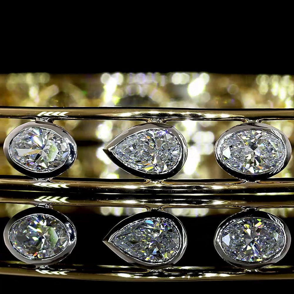 14K Two Tone Mixed Shape Bangle Bracelet with Bezel Set Oval, Emerald, Pear, and Round Lab Diamonds - 2.64 Carat Total Weight - Covaloro Fine Jewelry