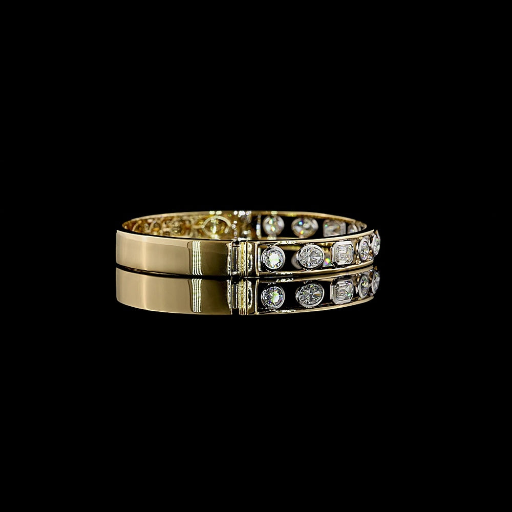 14K Two Tone Mixed Shape Bangle Bracelet with Bezel Set Oval, Emerald, Pear, and Round Lab Diamonds - 2.64 Carat Total Weight - Covaloro Fine Jewelry