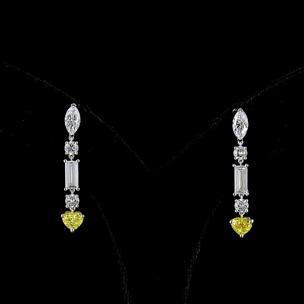 14K Two Tone Mixed Shape Drop Earrings with Marquise, Baguette, and Heart-Cut Lab Diamonds - 3.86 Carats Total Diamond Weight - Covaloro Fine Jewelry