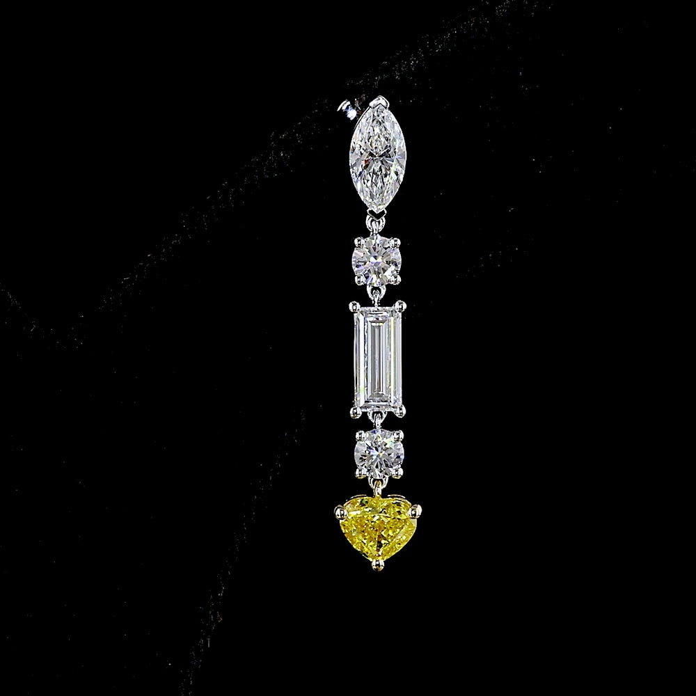 14K Two Tone Mixed Shape Drop Earrings with Marquise, Baguette, and Heart-Cut Lab Diamonds - 3.86 Carats Total Diamond Weight - Covaloro Fine Jewelry