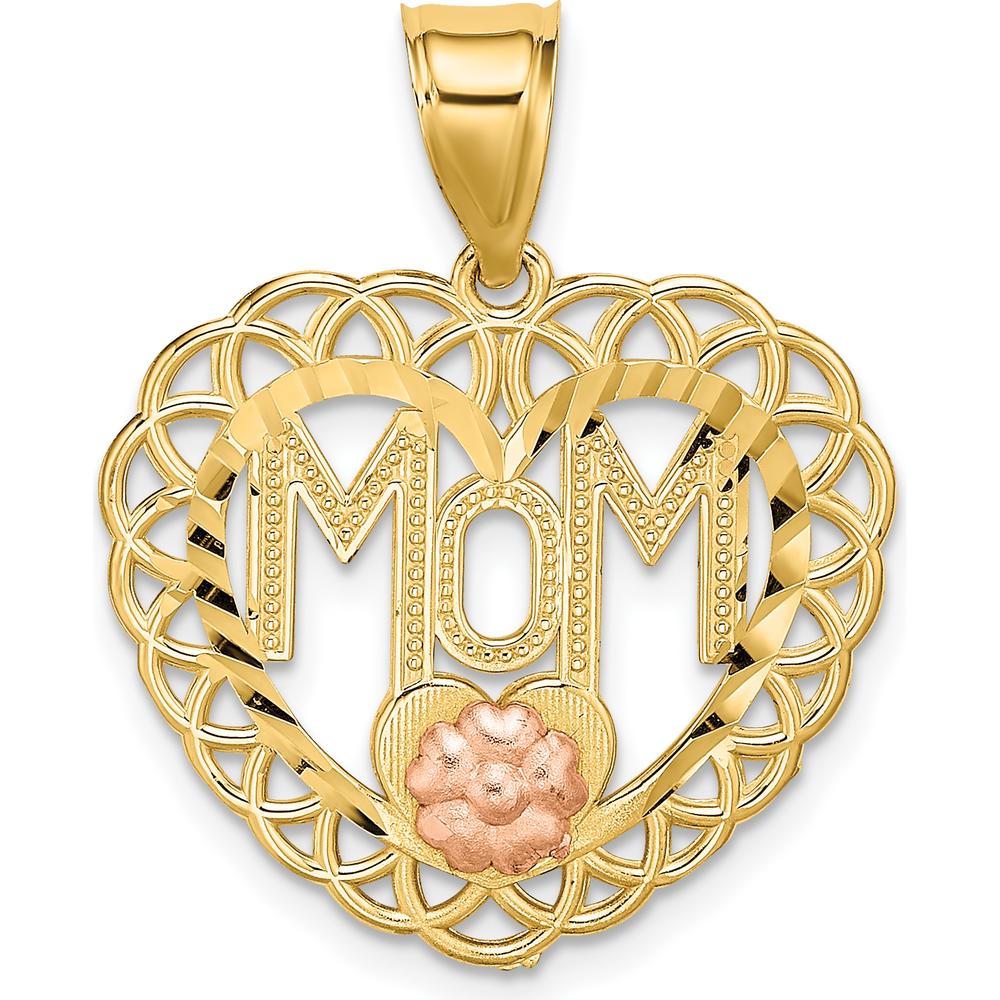 14K Two-Tone MOM Pendant in Heart Frame with Flower Charm by Oro Pregiato