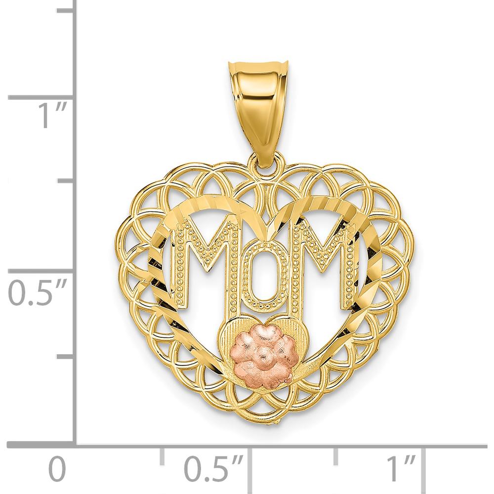 14K Two-Tone MOM Pendant in Heart Frame with Flower Charm by Oro Pregiato