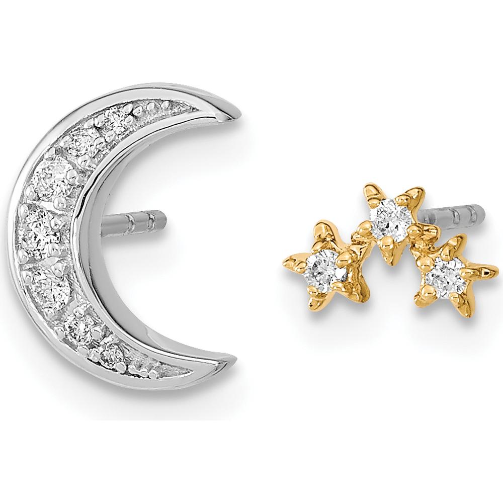 14K Two-Tone Moon and 3 Stars Diamond Mis-match Post Earrings - 0.015 Carat Total Diamond Weight by Monteluci Fine Jewelry