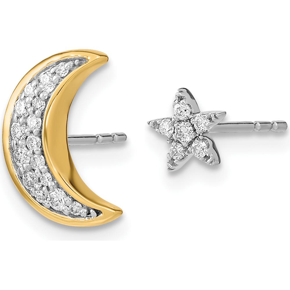 14K Two-Tone Moon and Star Diamond Mis-match Post Earrings - 0.067 Carat Total Diamond Weight by Monteluci Fine Jewelry