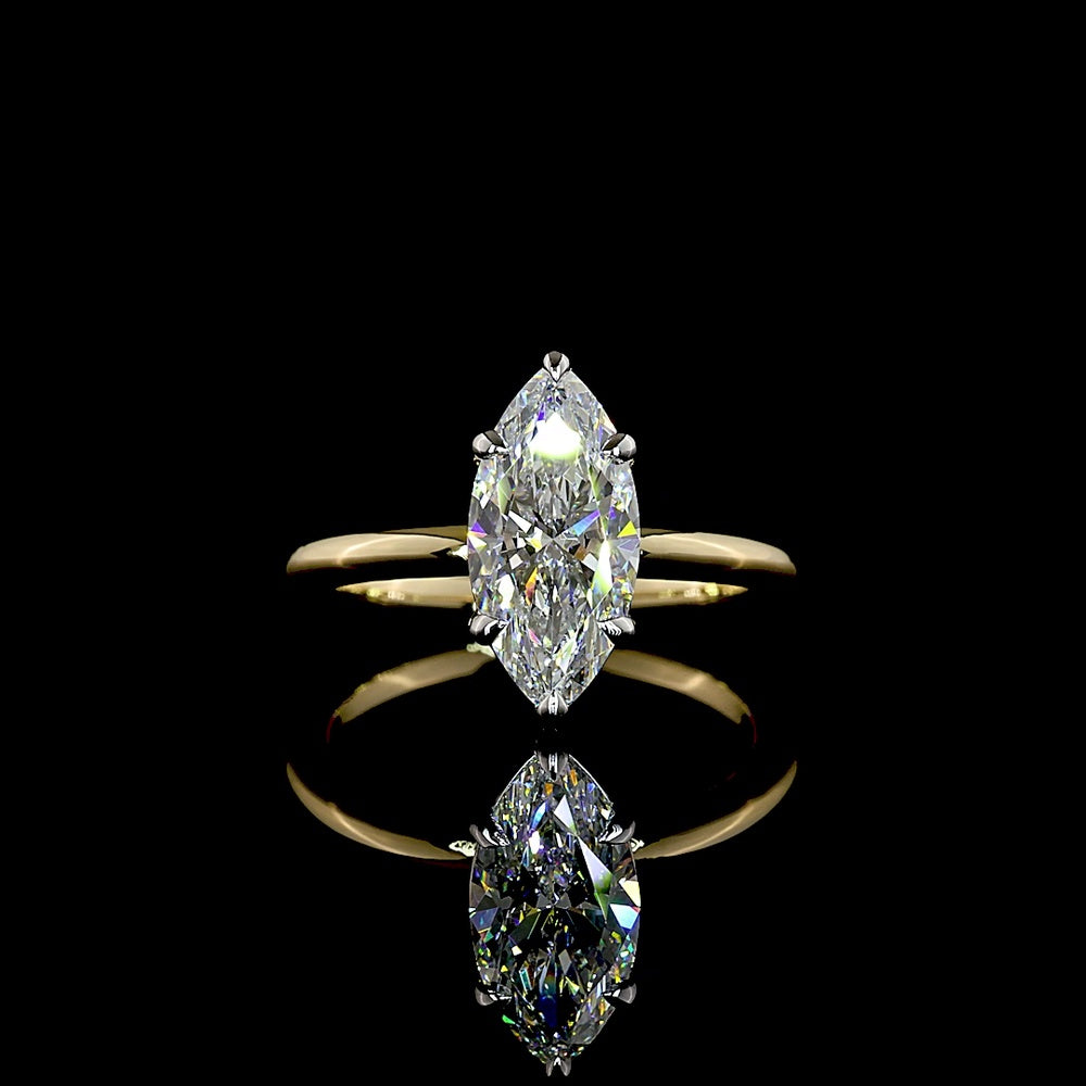 14K Two Tone North-South Marquise Cut Lab Diamond Solitaire Ring - 2.20 Carats Total Diamond Weight, E-F VVS2 Clarity, IGI Certified - Covaloro Fine Jewelry