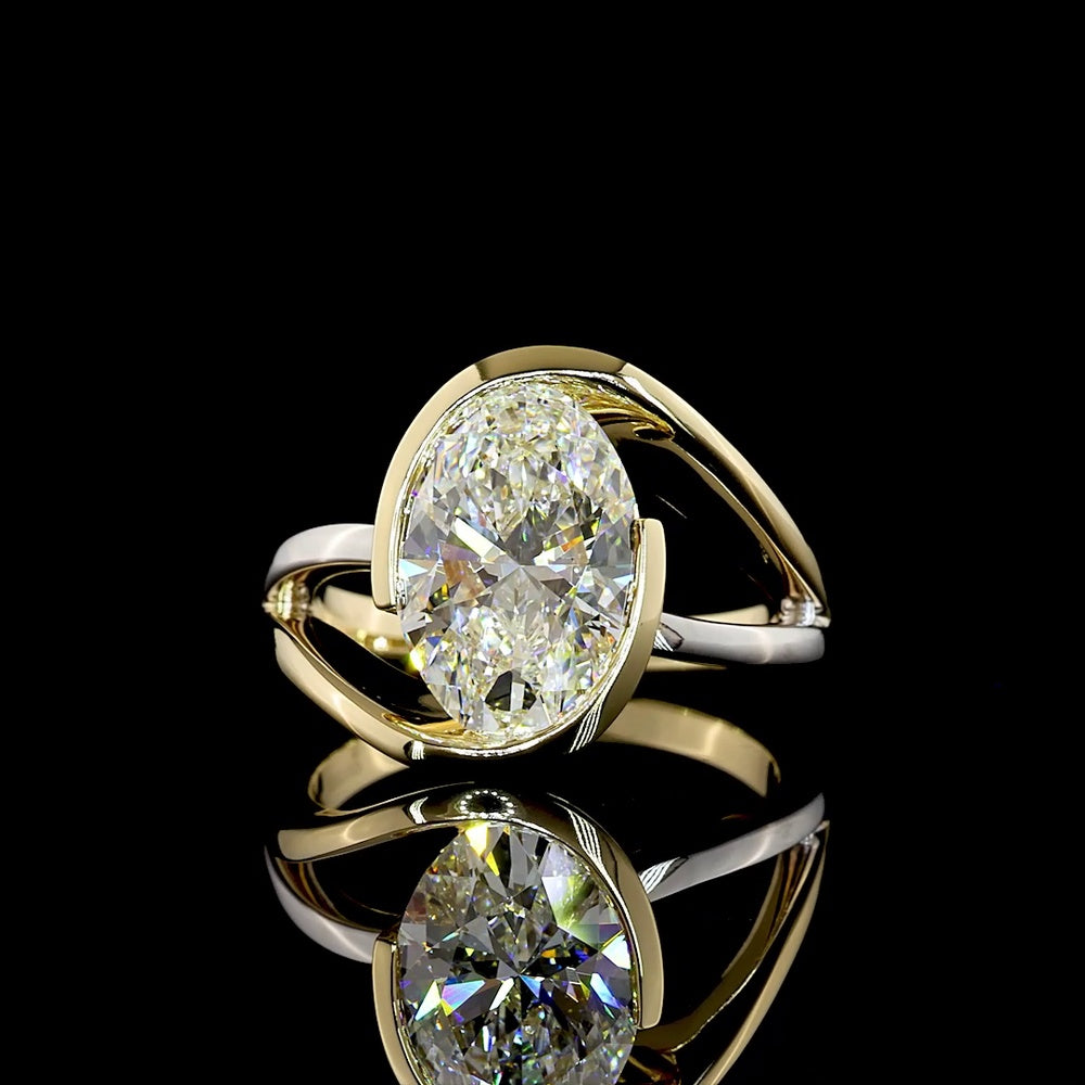 14K Two Tone North-South Oval Cut Lab Diamond Solitaire Ring with Half Bezel Setting - 3.57 Carat E-F VS1 Diamond - Covaloro Fine Jewelry
