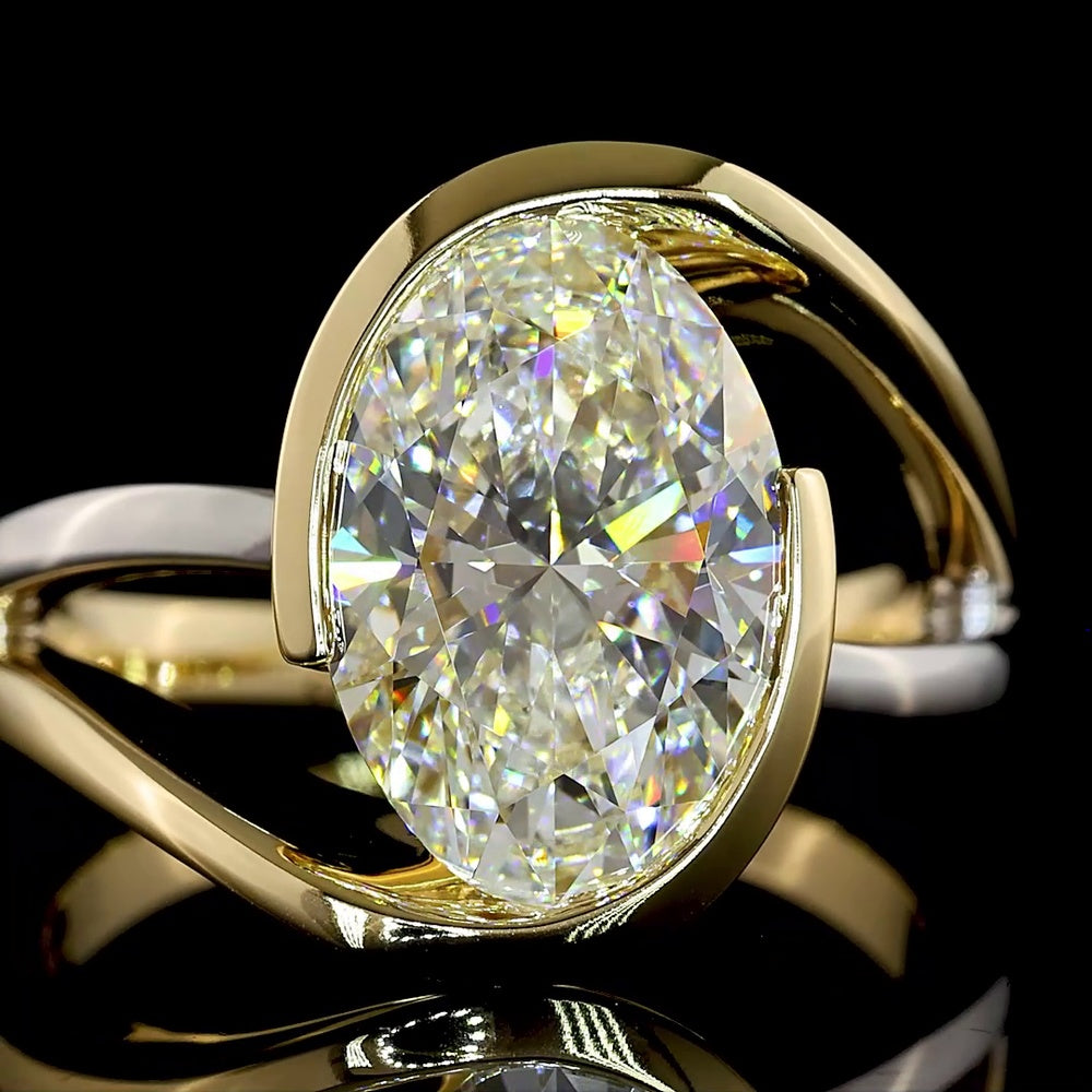 14K Two Tone North-South Oval Cut Lab Diamond Solitaire Ring with Half Bezel Setting - 3.57 Carat E-F VS1 Diamond - Covaloro Fine Jewelry