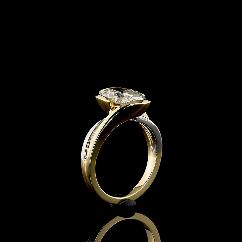 14K Two Tone North-South Oval Cut Lab Diamond Solitaire Ring with Half Bezel Setting - 3.57 Carat E-F VS1 Diamond - Covaloro Fine Jewelry
