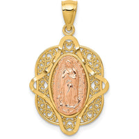 14K Two-Tone Our Lady of Guadalupe Pendant with Textured Detail and Polished Finish - 30.5mm Length by Oro Pregiato