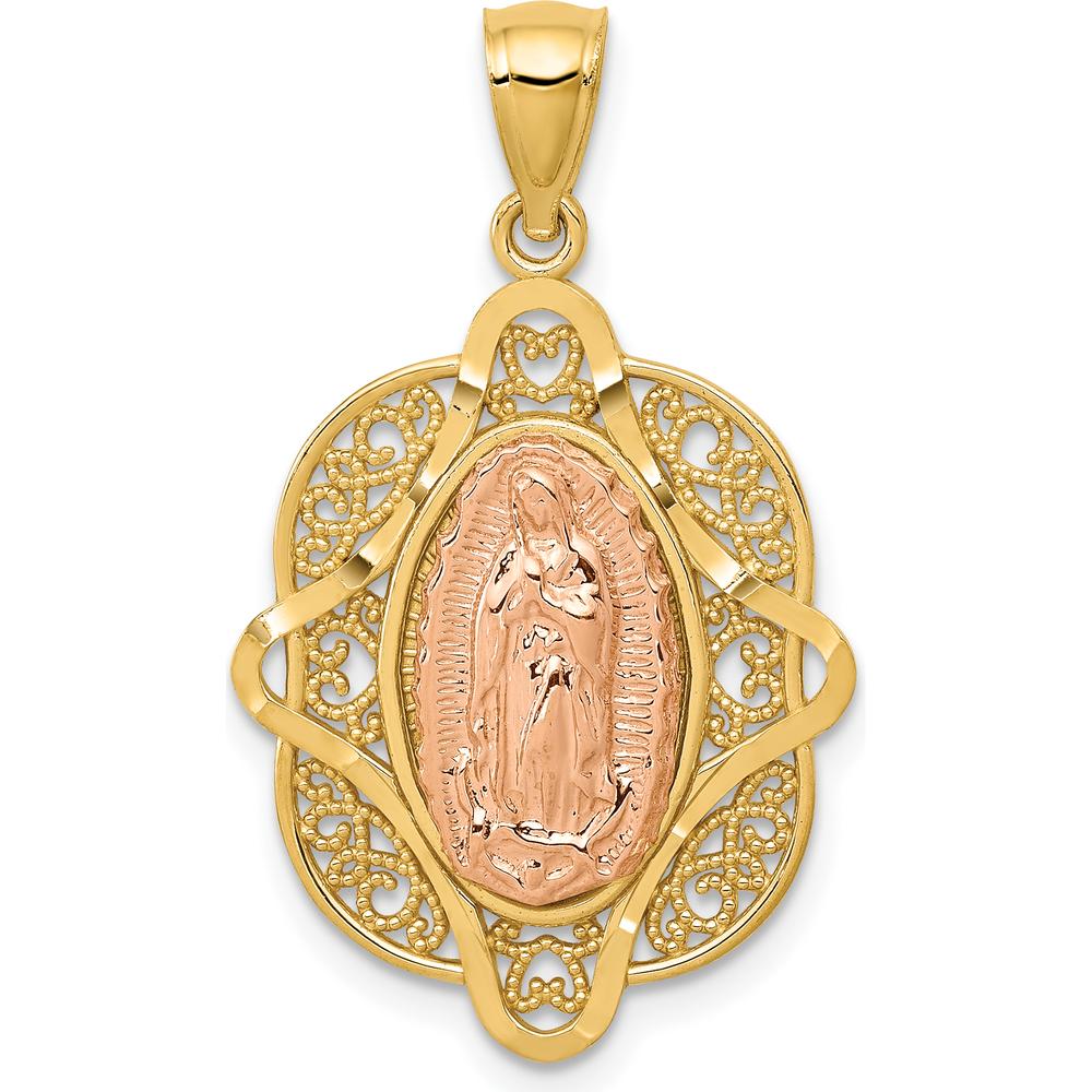 14K Two-Tone Our Lady of Guadalupe Pendant with Textured Detail and Polished Finish - 30.5mm Length by Oro Pregiato