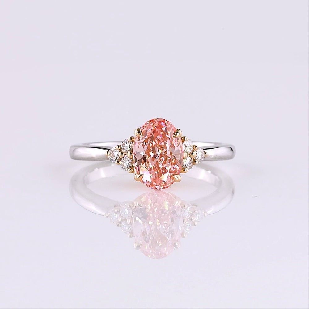 14K Two Tone Oval Cut Fancy Vivid Pink Lab Diamond Ring with Brilliant White Accent Diamonds - 1.65 Carat Total Weight (IGI Certified) - Covaloro Fine Jewelry