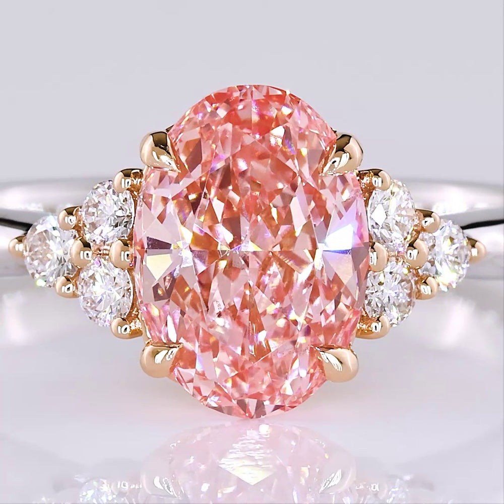 14K Two Tone Oval Cut Fancy Vivid Pink Lab Diamond Ring with Brilliant White Accent Diamonds - 1.65 Carat Total Weight (IGI Certified) - Covaloro Fine Jewelry