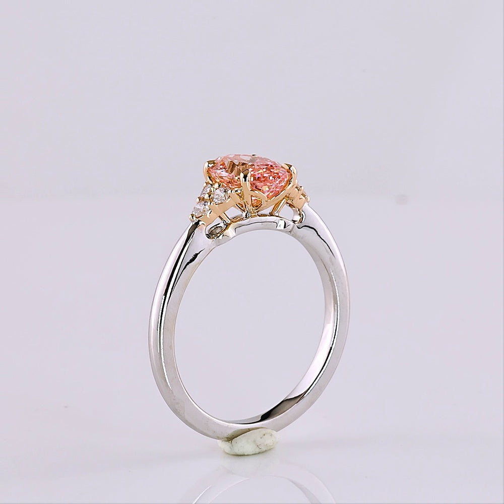 14K Two Tone Oval Cut Fancy Vivid Pink Lab Diamond Ring with Brilliant White Accent Diamonds - 1.65 Carat Total Weight (IGI Certified) - Covaloro Fine Jewelry