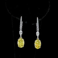 14K Two Tone Oval Cut Fancy Vivid Yellow & White Lab Diamond Hanging Earrings - 5.59 Carat Total Diamond Weight - Covaloro Fine Jewelry