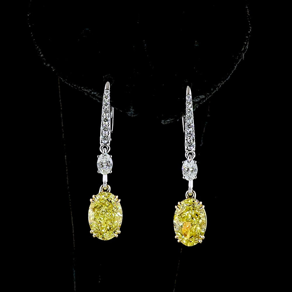 14K Two Tone Oval Cut Fancy Vivid Yellow & White Lab Diamond Hanging Earrings - 5.59 Carat Total Diamond Weight - Covaloro Fine Jewelry