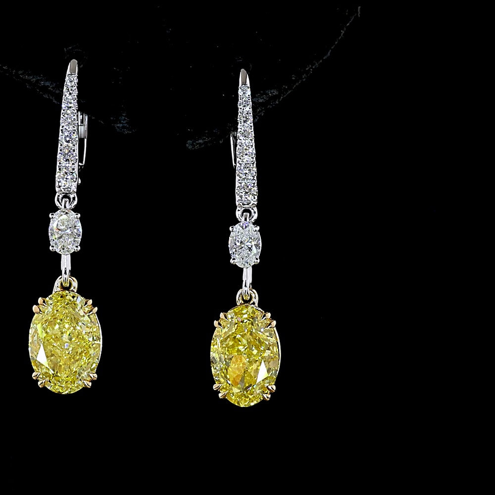 14K Two Tone Oval Cut Fancy Vivid Yellow & White Lab Diamond Hanging Earrings - 5.59 Carat Total Diamond Weight - Covaloro Fine Jewelry