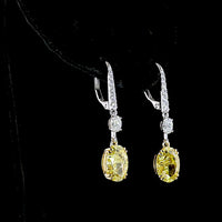 14K Two Tone Oval Cut Fancy Vivid Yellow & White Lab Diamond Hanging Earrings - 5.59 Carat Total Diamond Weight - Covaloro Fine Jewelry