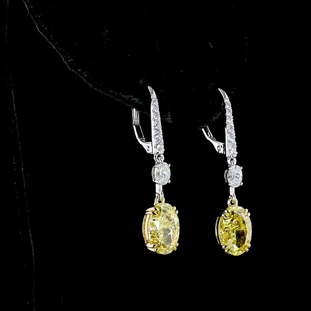 14K Two Tone Oval Cut Fancy Vivid Yellow & White Lab Diamond Hanging Earrings - 5.59 Carat Total Diamond Weight - Covaloro Fine Jewelry