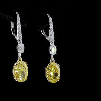 14K Two Tone Oval Cut Fancy Vivid Yellow & White Lab Diamond Hanging Earrings - 5.59 Carat Total Diamond Weight - Covaloro Fine Jewelry