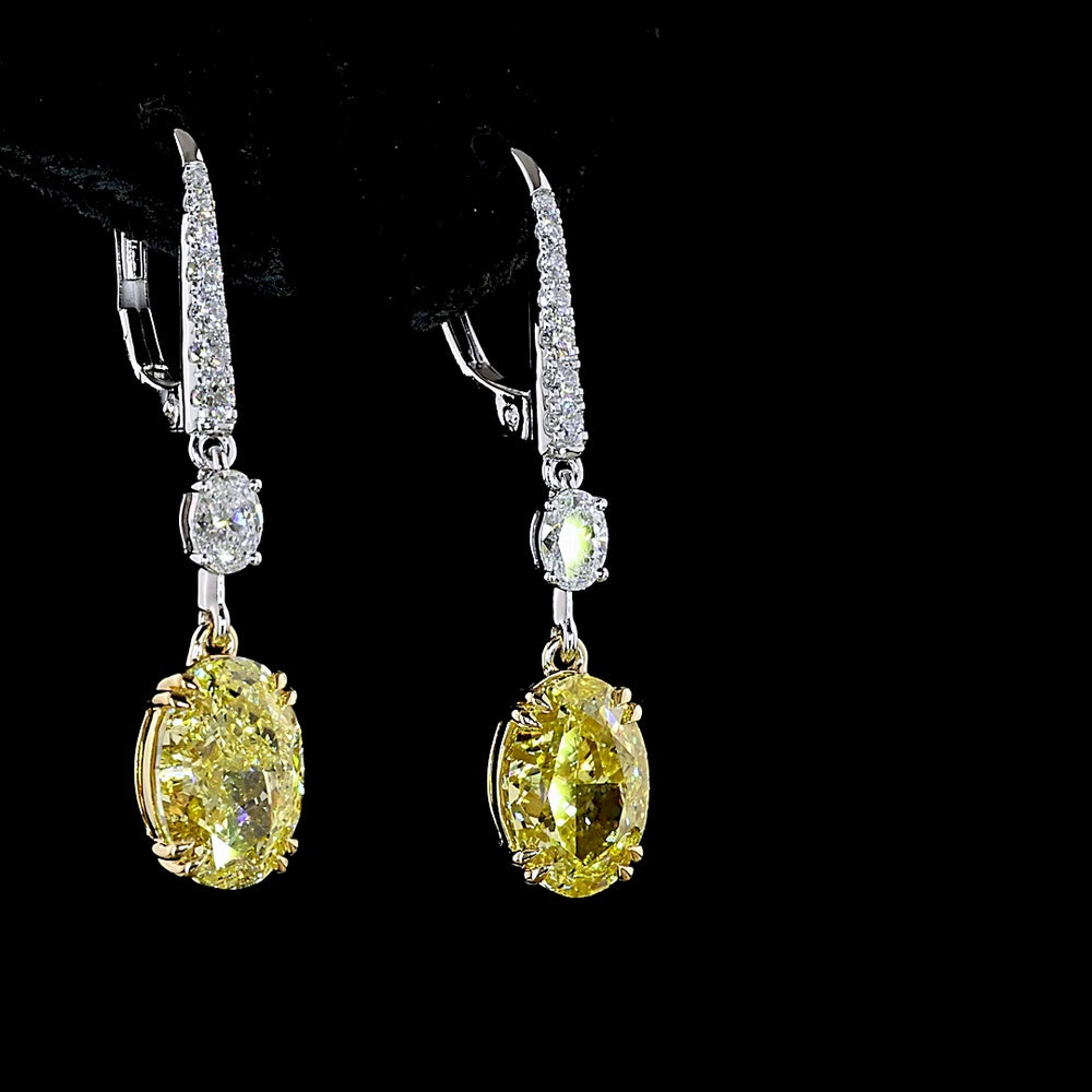 14K Two Tone Oval Cut Fancy Vivid Yellow & White Lab Diamond Hanging Earrings - 5.59 Carat Total Diamond Weight - Covaloro Fine Jewelry