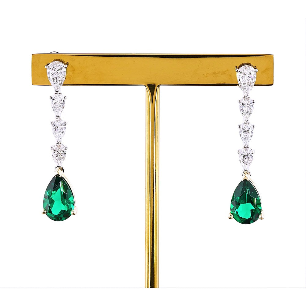14K Two Tone Pear Shape Drop Earrings with Lab-Grown Green Emerald and VS Clarity Diamonds - 4.29 Total Carat Weight - Covaloro Fine Jewelry