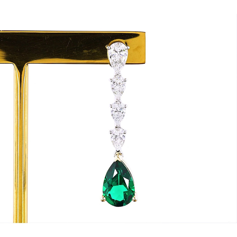 14K Two Tone Pear Shape Drop Earrings with Lab-Grown Green Emerald and VS Clarity Diamonds - 4.29 Total Carat Weight - Covaloro Fine Jewelry