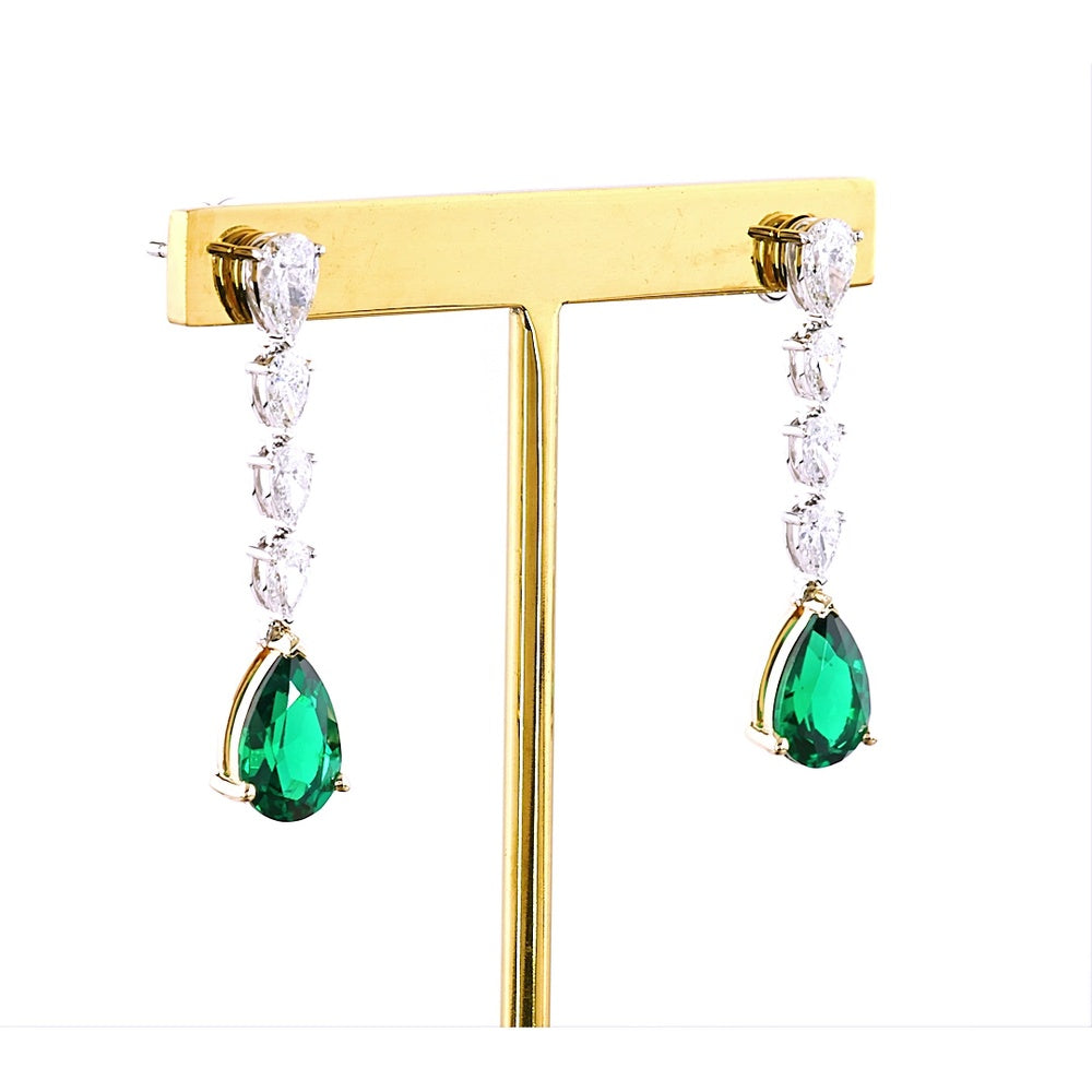 14K Two Tone Pear Shape Drop Earrings with Lab-Grown Green Emerald and VS Clarity Diamonds - 4.29 Total Carat Weight - Covaloro Fine Jewelry