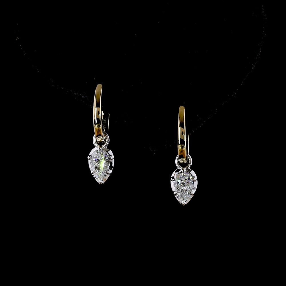 14K Two Tone Pear Shape Hanging Earrings with Bezel and Prong Set Lab Diamonds - 0.53 Carat Total Diamond Weight - Covaloro Fine Jewelry