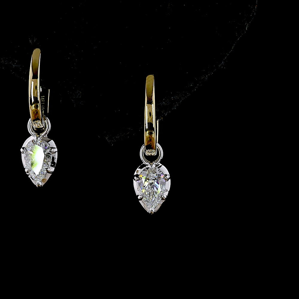 14K Two Tone Pear Shape Hanging Earrings with Bezel and Prong Set Lab Diamonds - 0.53 Carat Total Diamond Weight - Covaloro Fine Jewelry