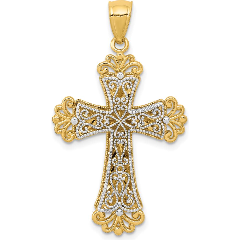 14K Two-Tone Polished 2-Level Fleur de Lis Cross Pendant - 36.75mm Length by Oro Pregiato