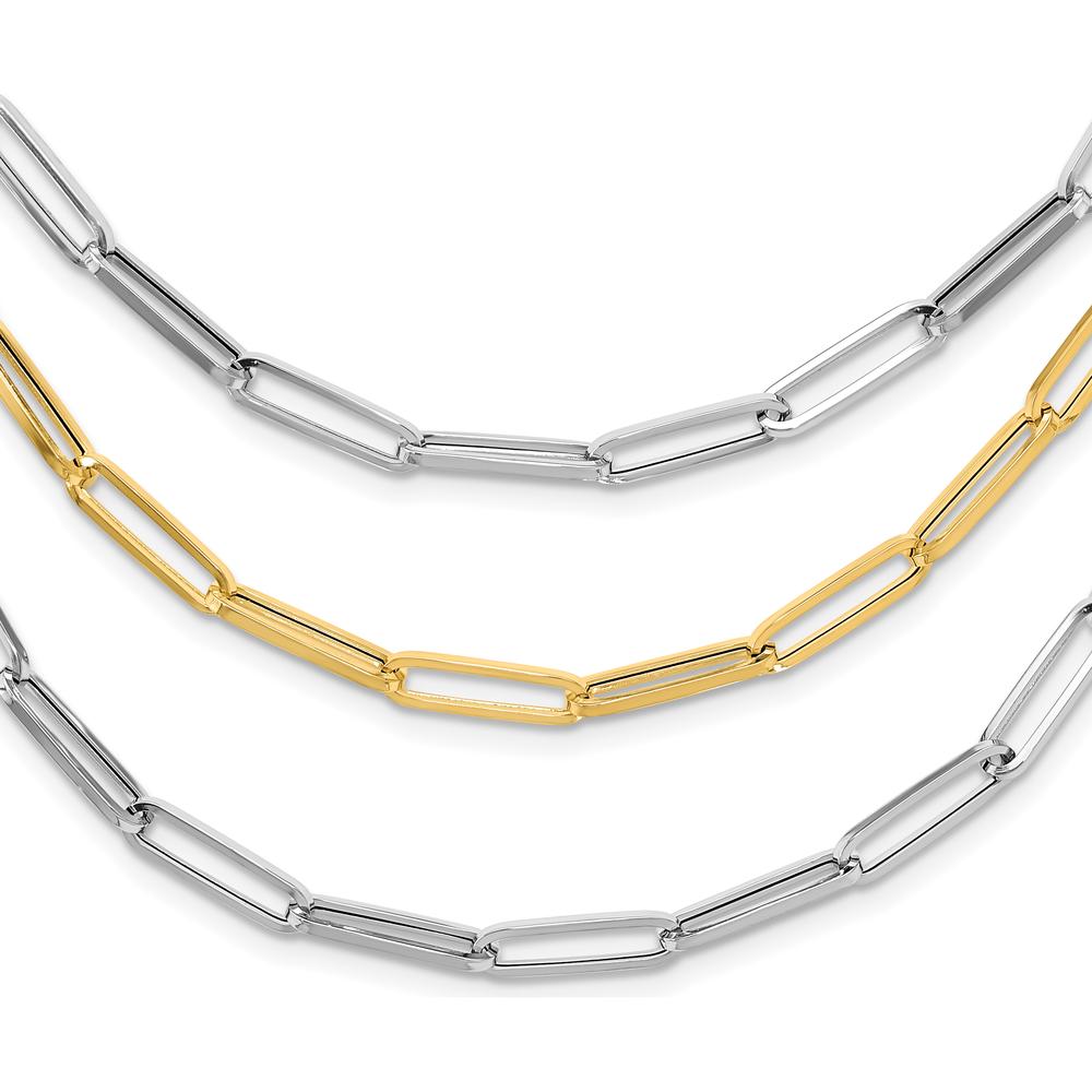 14K Two-Tone Polished 3-Strand Paperclip Link Bib Necklace - 18.25 Inch by 0
