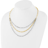 14K Two-Tone Polished 3-Strand Paperclip Link Bib Necklace - 18.25 Inch by 0