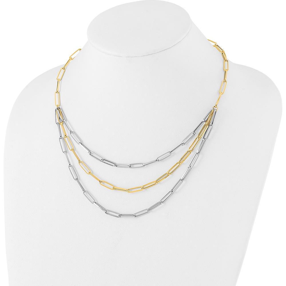 14K Two-Tone Polished 3-Strand Paperclip Link Bib Necklace - 18.25 Inch by 0