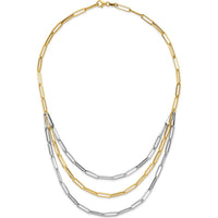 14K Two-Tone Polished 3-Strand Paperclip Link Bib Necklace - 18.25 Inch by 0