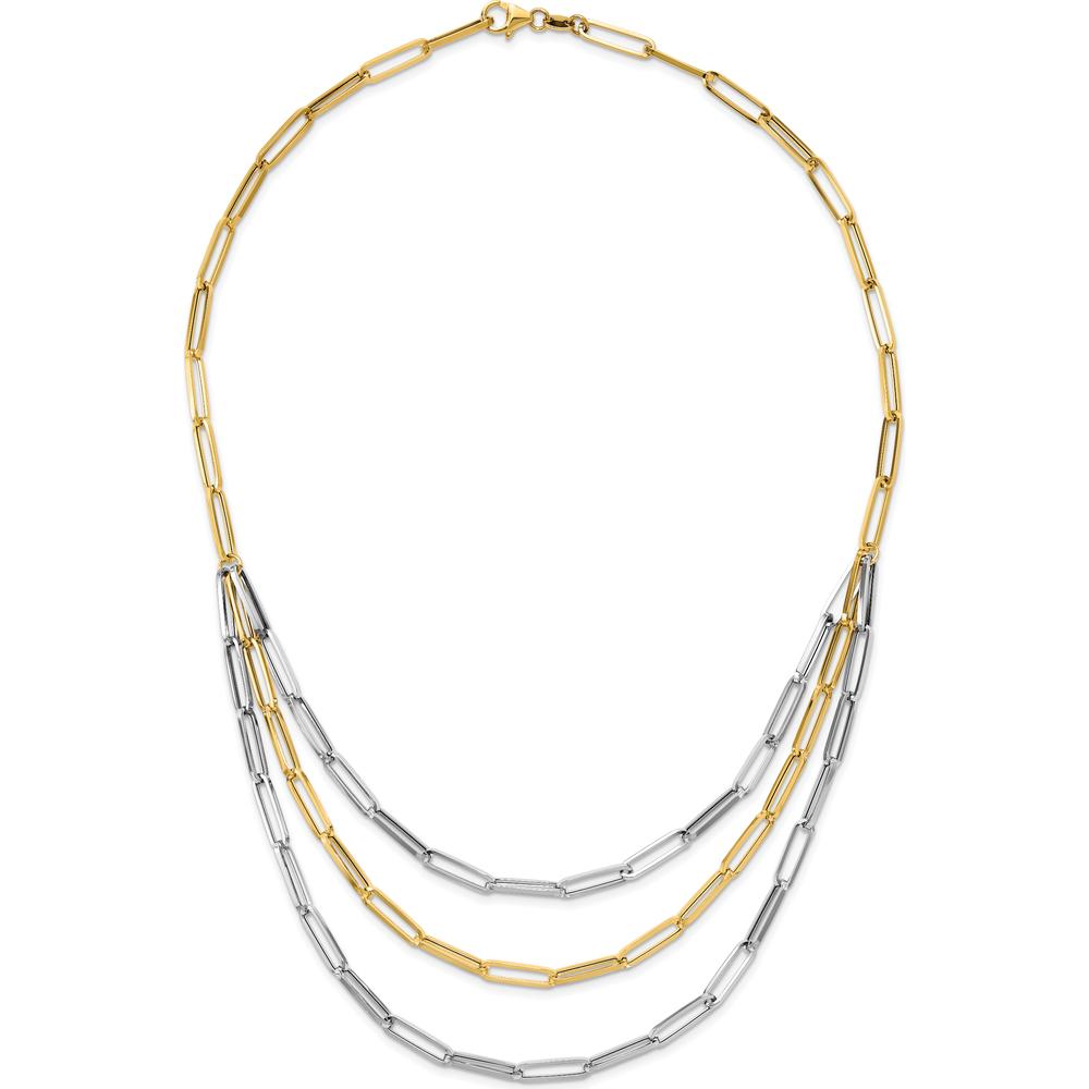14K Two-Tone Polished 3-Strand Paperclip Link Bib Necklace - 18.25 Inch by 0