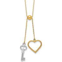 14K Two-Tone Polished Adjustable-Dangle Heart and Key 17" Lariat Necklace - Symbolic Pendant Design by 0