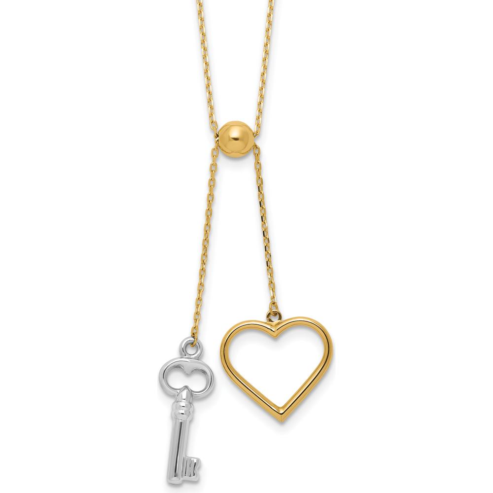 14K Two-Tone Polished Adjustable-Dangle Heart and Key 17" Lariat Necklace - Symbolic Pendant Design by 0