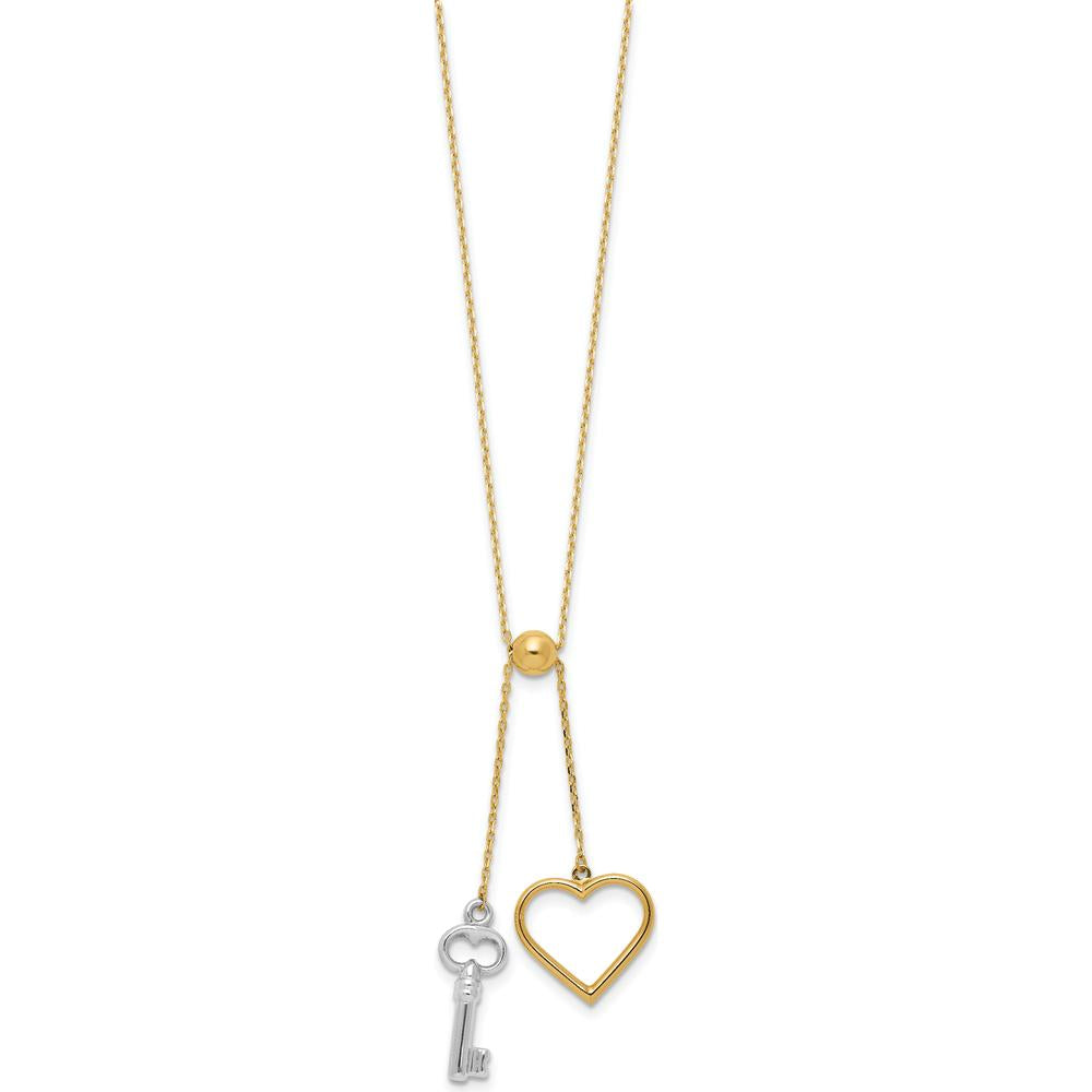 14K Two-Tone Polished Adjustable-Dangle Heart and Key 17" Lariat Necklace - Symbolic Pendant Design by 0