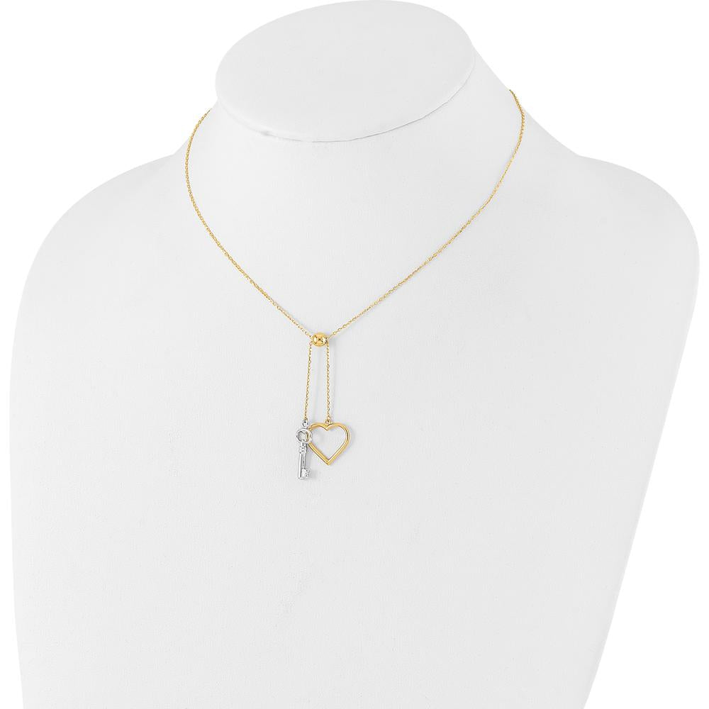 14K Two-Tone Polished Adjustable-Dangle Heart and Key 17" Lariat Necklace - Symbolic Pendant Design by 0