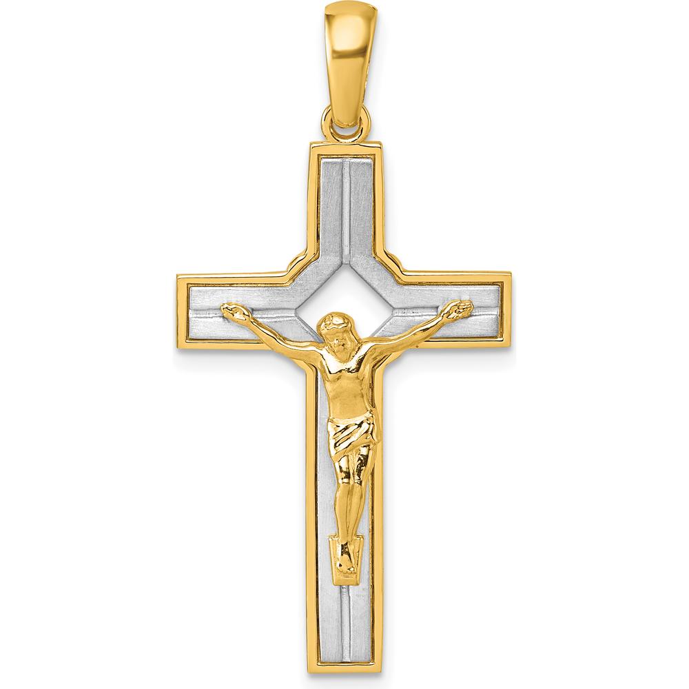 14K Two-Tone Polished and Satin Crucifix Pendant - Faithful Religious Symbol by Oro Pregiato