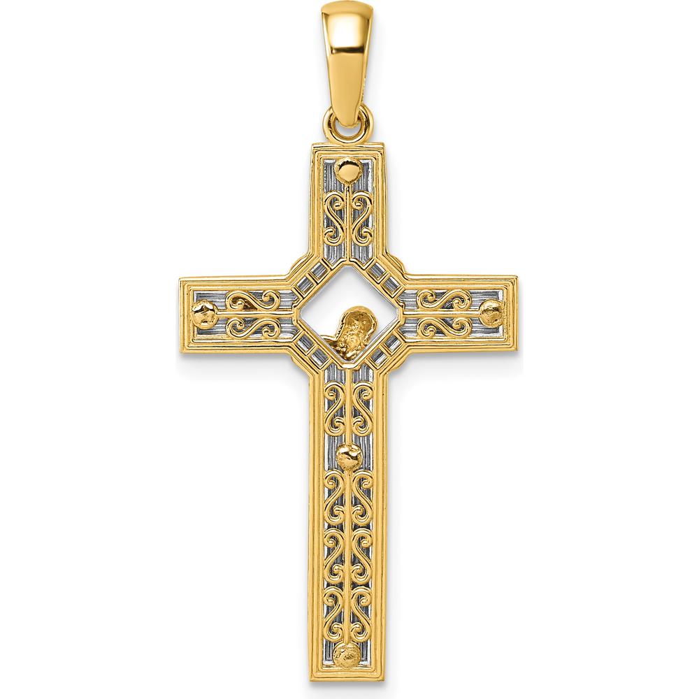 14K Two-Tone Polished and Satin Crucifix Pendant - Faithful Religious Symbol by Oro Pregiato