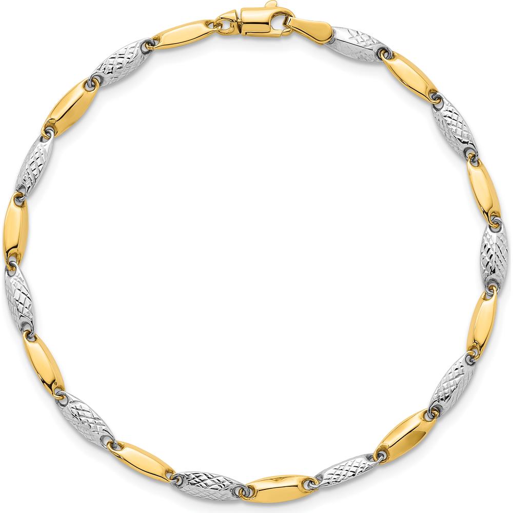14K Two-Tone Polished and Textured Fancy Marquise Link Bracelet - 7.5" Length by 0