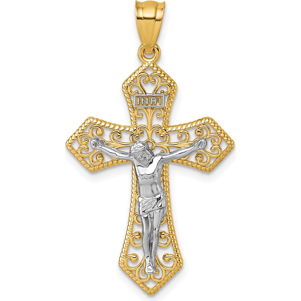 14K Two-Tone Polished and Textured Filigree Passion Crucifix Pendant - 37.2mm Length by Oro Pregiato