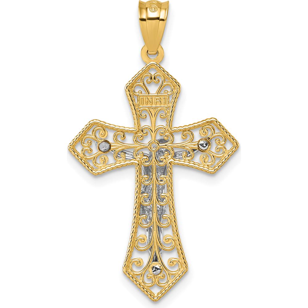 14K Two-Tone Polished and Textured Filigree Passion Crucifix Pendant - 37.2mm Length by Oro Pregiato